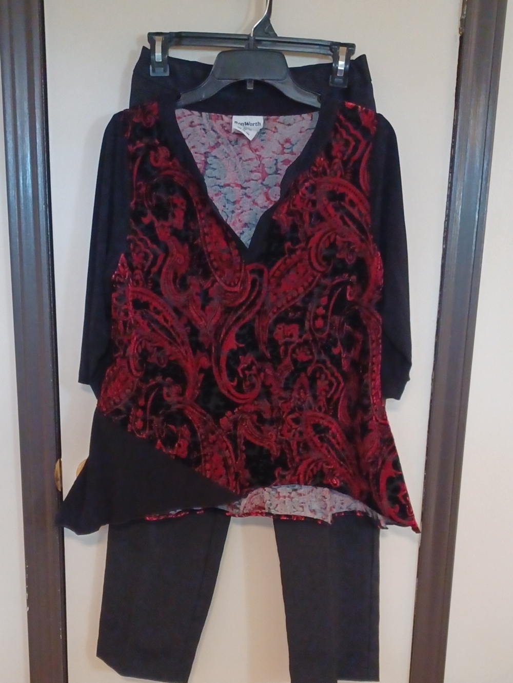 BonWorth Black Assymetrical Velvet Top & Black Blair Slacks